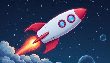 Colorful Cartoon Rocket Launching into Space with Flames Against a Starry Night Sky
