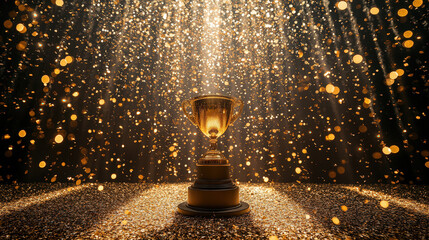 A golden trophy is on a table with a lot of glitter