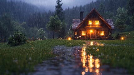 Fototapeta premium A house with a porch lit up by lights is shown in a rainy scene