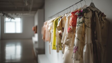 Colorful fashion dresses displayed on hangers.