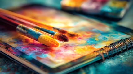 Fototapeta premium Colorful paintbrushes on an art notebook.