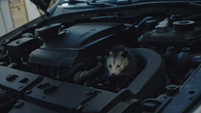 Curious possum exploring car engine compartment with alertness and caution