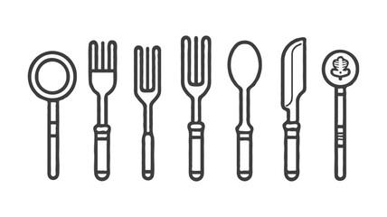 Cutlery Icon Set With Forks Spoons And Knife In Line Art Style
