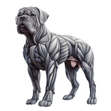 Dog Anatomy Illustration: A detailed and intricate artistic rendering of a powerful dog, showcasing the muscular structure in a grayscale palette.