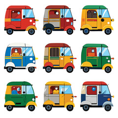 Nine  classic Auto-rickshaw arranged on a white background.