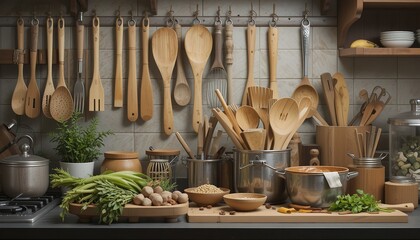Bamboo kitchen utensils and accessories arranged neatly on a kitchen.