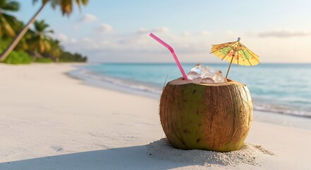 Refreshing tropical coconut drink with a pink straw and umbrella, placed on a pristine beach with turquoise ocean and palm trees at sunset
