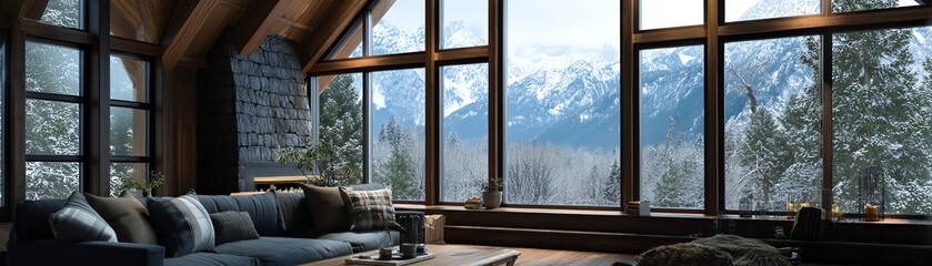 Cozy cabin interior with mountain view.