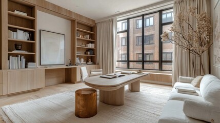 Fototapeta premium Modern minimalist living room interior design with natural light and stylish decor elements in neutral tones