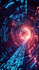 Obraz premium Abstract digital passageway with swirling pink, blue, and red glowing lights. Data flow visualization, futuristic technology concept. Dark background, vibrant colors.