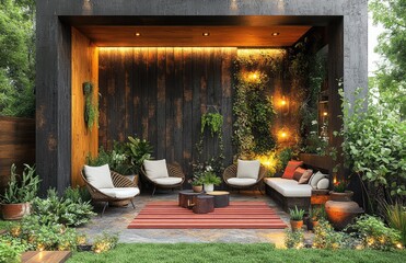 Outdoor seating area with a modern rustic design.  A covered patio with dark wood paneling, warm lighting, and lush greenery.  Comfortable seating arranged around a vibrant rug