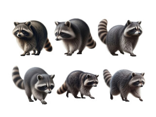 Fototapeta premium Six stylized raccoons with ringed tails