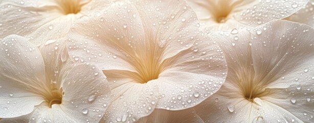 Close up of delicate, creamy white petals covered in water droplets, soft lighting and shallow depth of field.