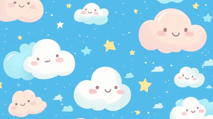 Cute cartoon clouds and stars on a light blue background. Perfect for children's products or whimsical designs.