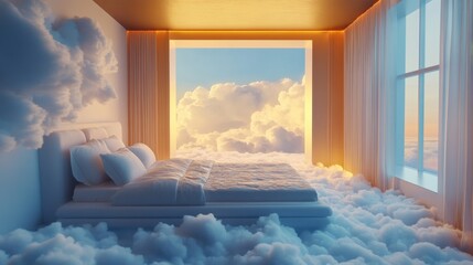Ethereal Bedroom Surrounded by Soft Clouds with Warm Sunset Light Filtering Through Large Windows
