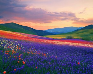Obraz premium Vibrant wildflowers in a rolling landscape at sunset. Colors range from deep purples to bright reds and oranges against a dramatic sky.