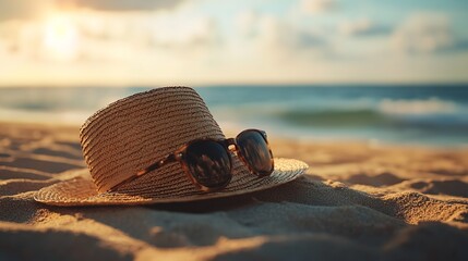 Straw hat and sunglasses on the beach