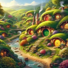 Hobbit Village Shire Fantasy Valley - Blooming Hills & Cozy Homes Art
