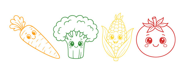 Fototapeta premium Smiling Vegetables: A cheerful medley of hand-drawn vegetables including a vibrant carrot, a fluffy broccoli, a sweet corn, and a ripe tomato, each with a friendly smile.