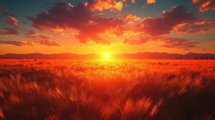 Fototapeta premium Dramatic sunset over a golden wheat field.