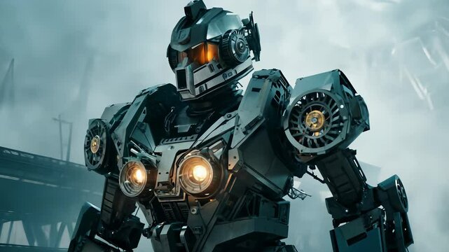 Robot with a large head and a small body is walking through a city. The robot is surrounded by smoke and has a menacing look on its face. The scene is set in a futuristic world