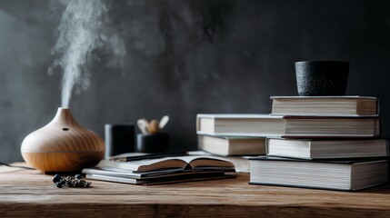 Cozy reading nook with books and diffuser.