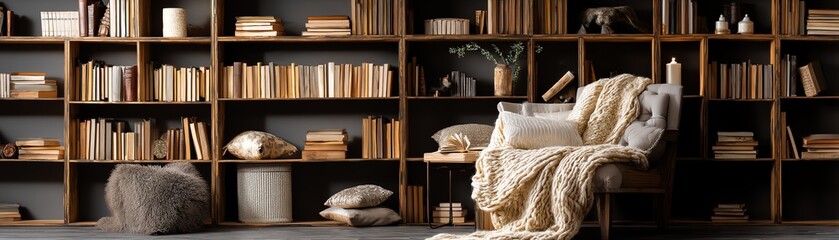 Cozy reading nook with books and soft decor.