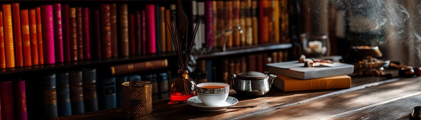 Cozy reading nook with books and tea.
