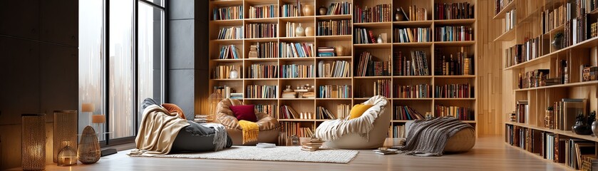 Cozy reading nook with books and soft seating.