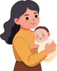 Cartoon vector art shows a smiling mother holding her baby son with love, a sweet image of family and childhood
