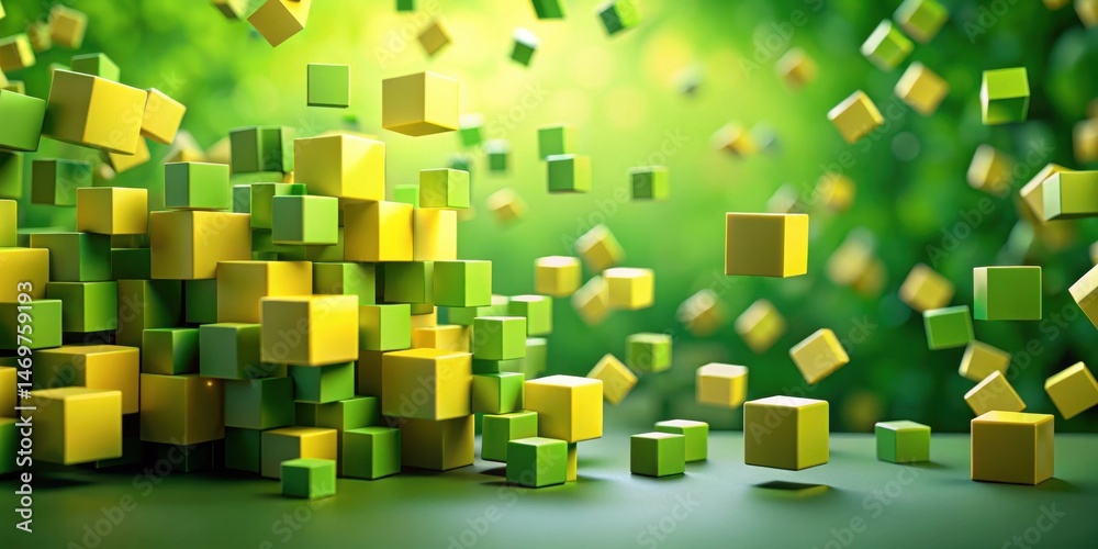 Poster abstract composition of vibrant green and yellow cubes in motion, evoking a sense of dynamic energy 