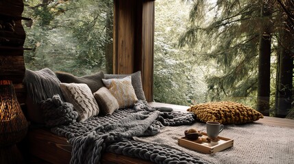 Cozy retreat with cushions and nature view.