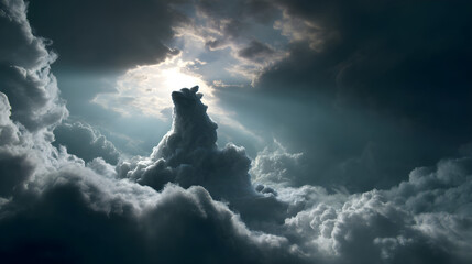 Giant stone creature emerging from dense clouds in dramatic lighting