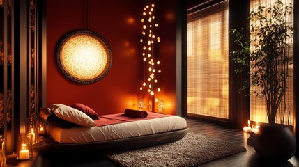 Cozy room with ambient lighting and warm decor.