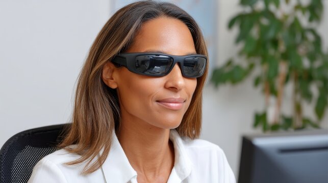 Blind Employee Using Smart Glasses in Modern Office Environment for Enhanced Workplace Inclusion