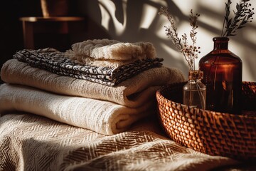 Cozy towels and decor in warm sunlight.