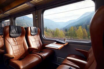 Cozy train seats with scenic mountain view.