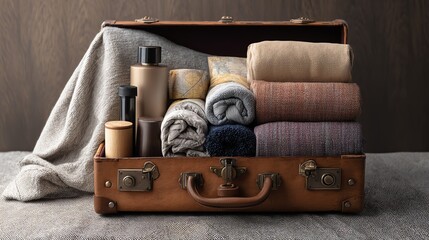 Cozy travel essentials packed in a suitcase.