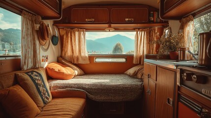 Cozy vintage camper interior with mountain view