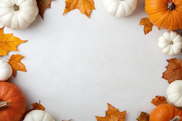 A white background with a frame of orange and white pumpkins and leaves., with ample copy space for text.