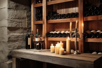 Cozy wine cellar with candles and wine bottles.