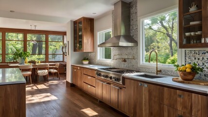 Bright and inviting kitchen featuring wooden cabinets, expansive windows and a stylish range hood.