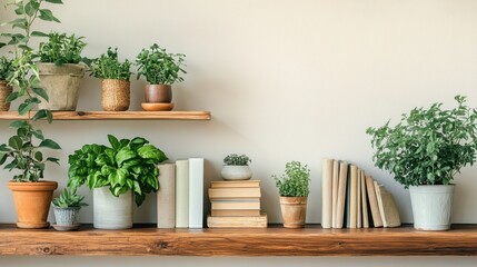 Indoor Plant Shelf with Fresh Greenery, Cookbooks, and Natural Decor Elements for a Cozy Atmosphere