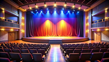 Empty theater stage with spotlight on closed curtain and seats in foreground