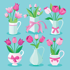 A beautiful spring bouquet features pink tulip flowers in a vase, isolated against white