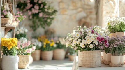 Obraz premium Bright and Colorful Floral Display in Rustic Interior with Varied Flower Arrangements and Natural Light