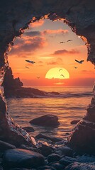 Stunning sunset over the ocean, with the sun setting in the background and the sky filled with bir