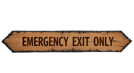 Aged wooden sign indicating an emergency exit only on a white background
