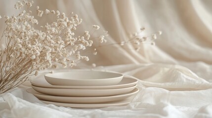 Neutral Dining Setup with Simple Plates and Dried Flowers on Soft Textiles for Minimalist Aesthetic