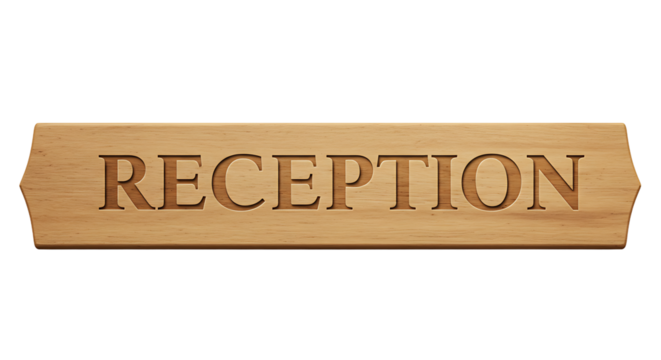 An elegant wooden reception sign with carved lettering for welcoming visitors
